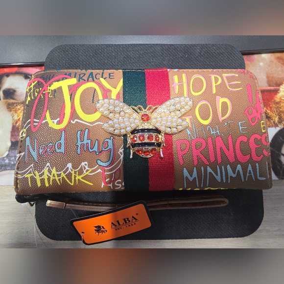 Chunma Tan & Multi Color Graffiti Design Vegan Leather Zipper Wristlet Wallet - Picture 2 of 8